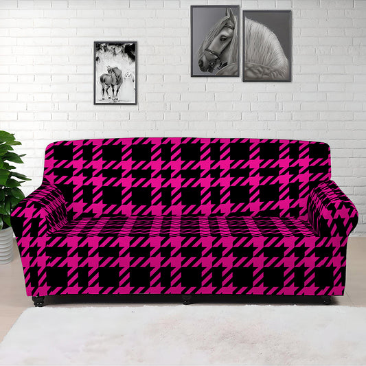 Hot Pink And Black Houndstooth Print Sofa Cover