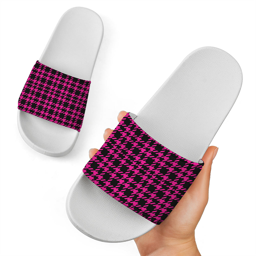 Hot Pink And Black Houndstooth Print White Slide Sandals