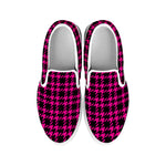 Hot Pink And Black Houndstooth Print White Slip On Shoes