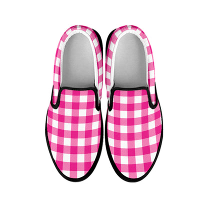 Hot Pink And White Buffalo Check Print Black Slip On Shoes
