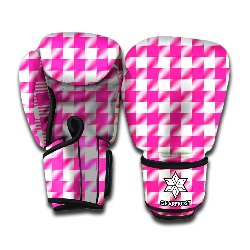 Hot Pink And White Buffalo Check Print Boxing Gloves