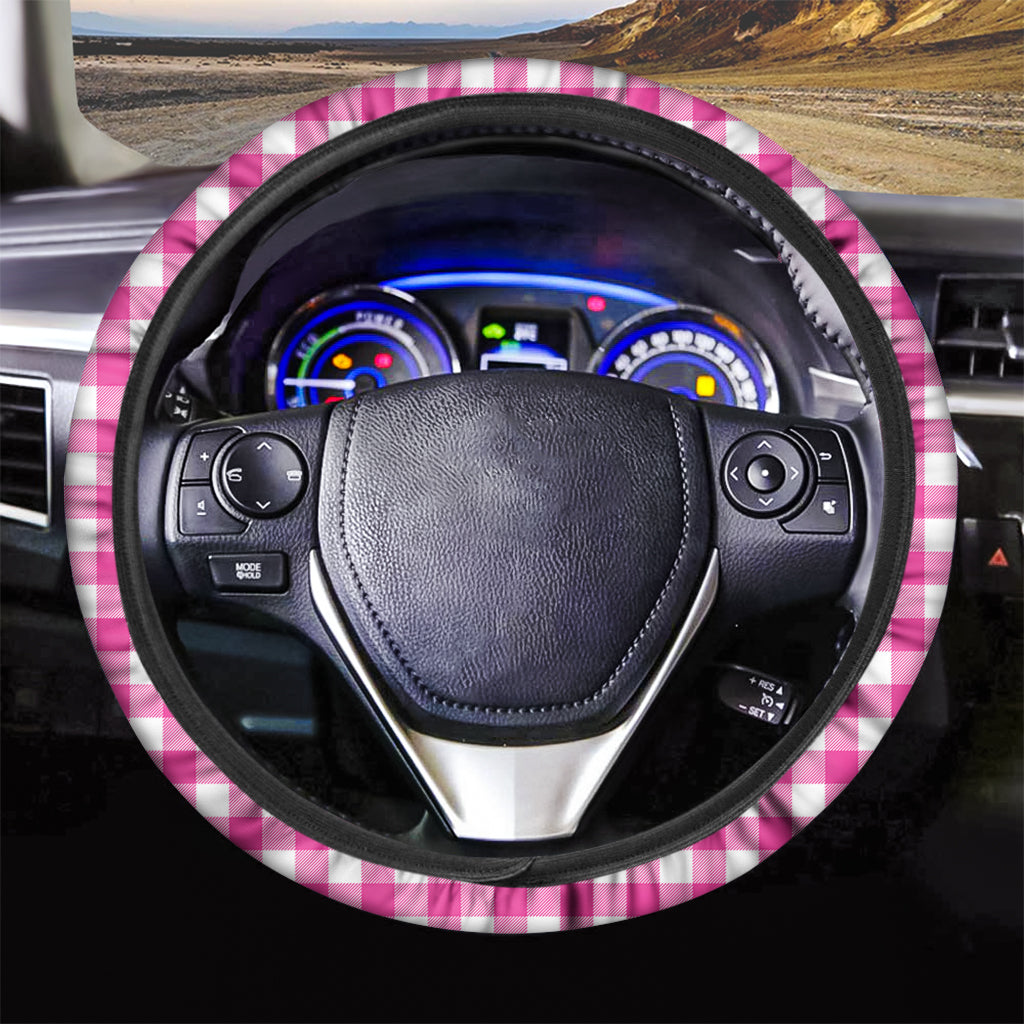 Hot Pink And White Buffalo Check Print Car Steering Wheel Cover
