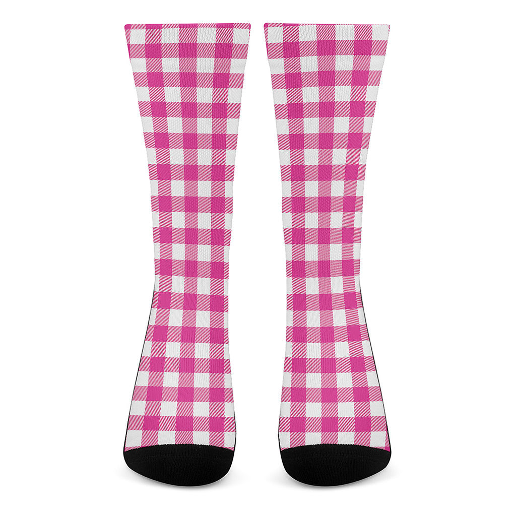 Hot Pink And White Buffalo Check Print Crew Socks