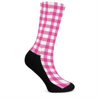 Hot Pink And White Buffalo Check Print Crew Socks