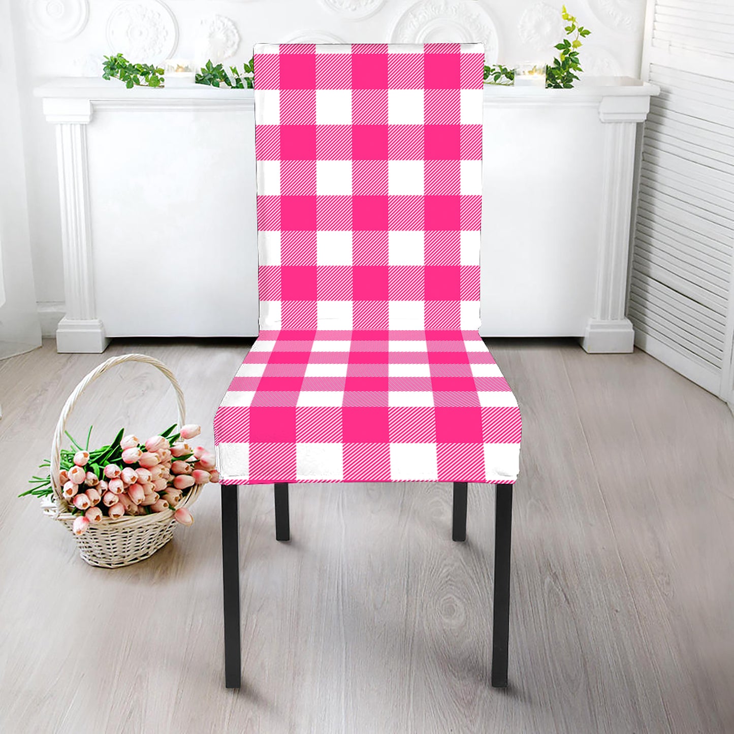 Hot Pink And White Buffalo Check Print Dining Chair Slipcover