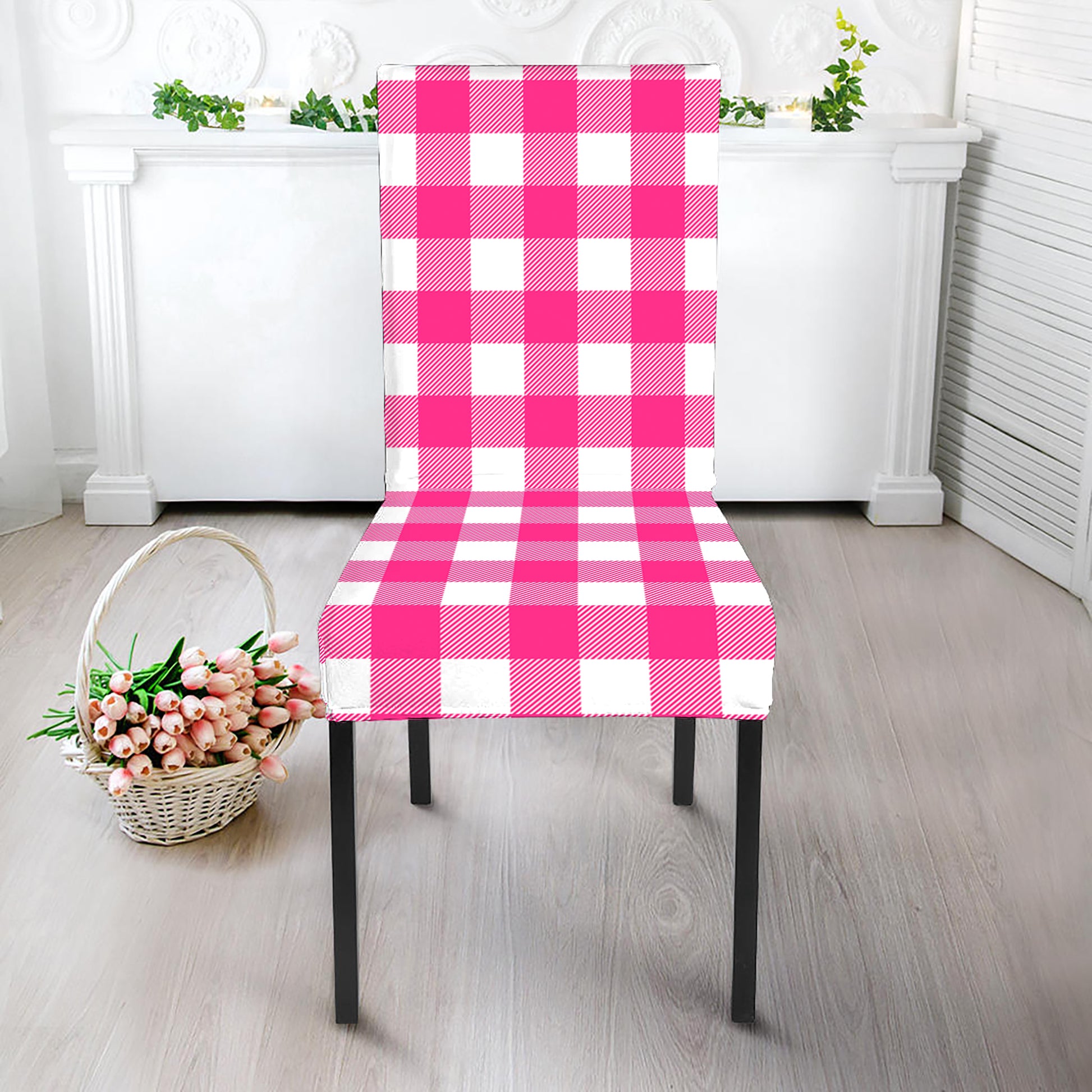 Hot Pink And White Buffalo Check Print Dining Chair Slipcover