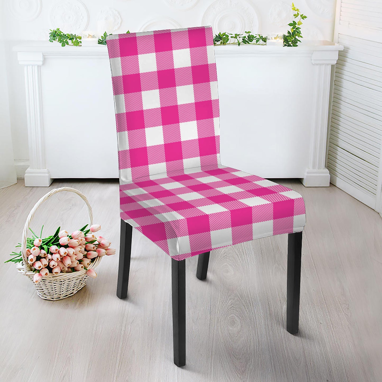 Hot Pink And White Buffalo Check Print Dining Chair Slipcover