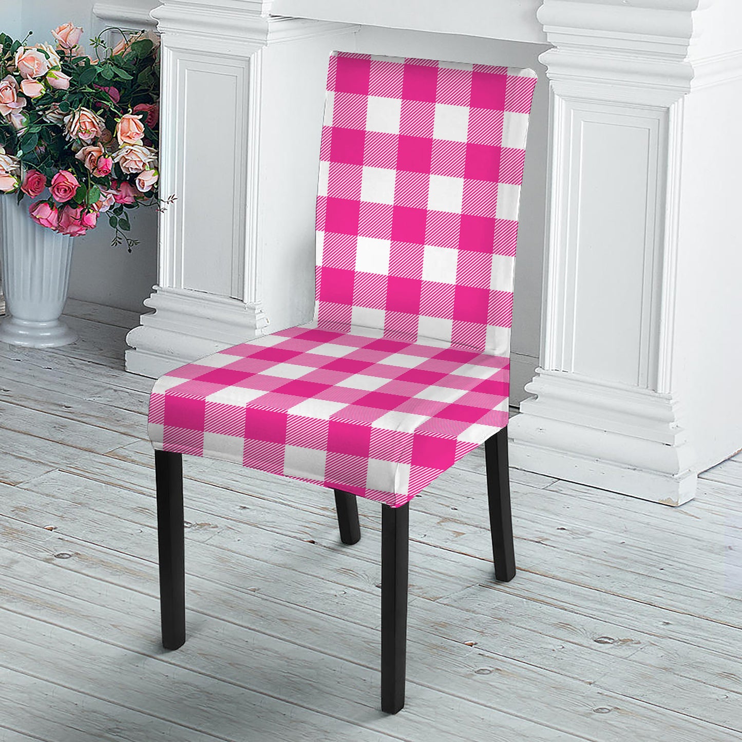 Hot Pink And White Buffalo Check Print Dining Chair Slipcover