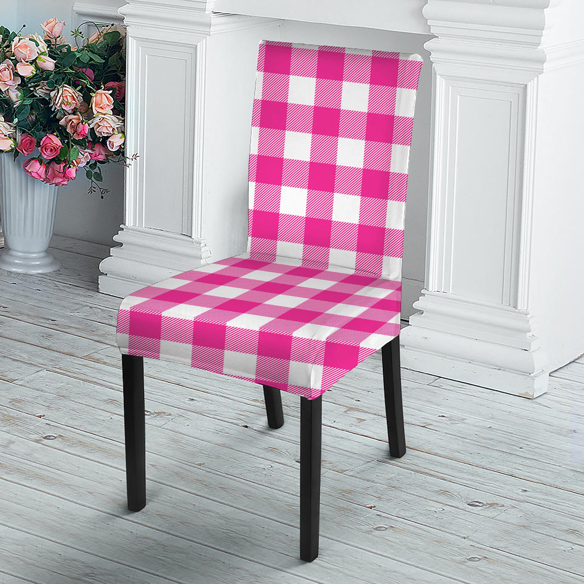 Hot Pink And White Buffalo Check Print Dining Chair Slipcover