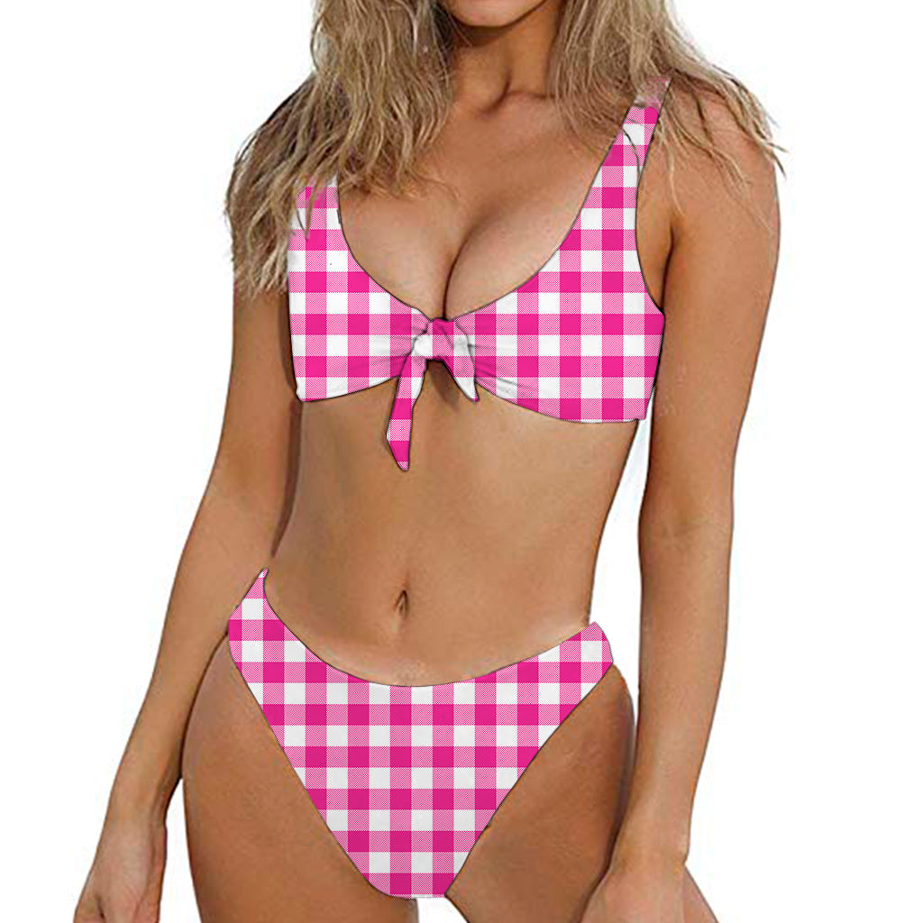 Hot Pink And White Buffalo Check Print Front Bow Tie Bikini