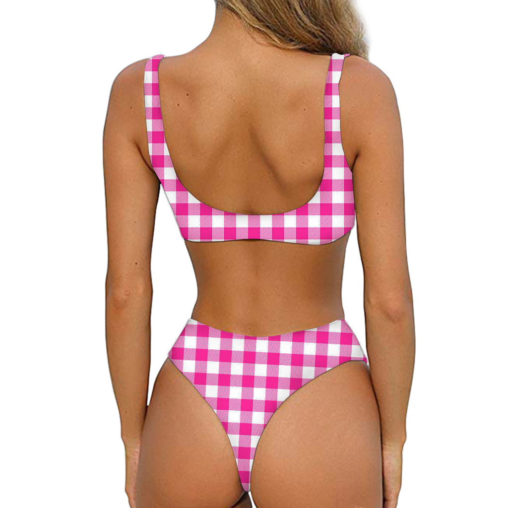 Hot Pink And White Buffalo Check Print Front Bow Tie Bikini