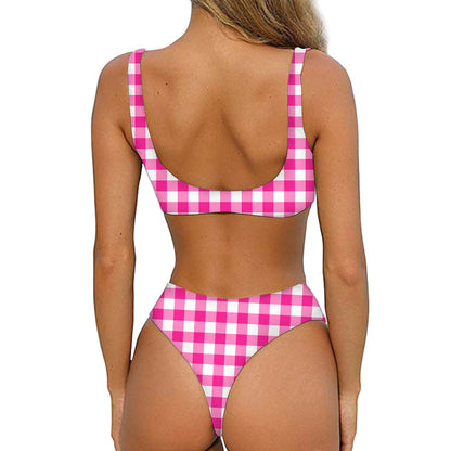 Hot Pink And White Buffalo Check Print Front Bow Tie Bikini