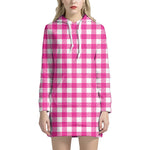 Hot Pink And White Buffalo Check Print Hoodie Dress