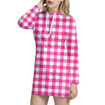Hot Pink And White Buffalo Check Print Hoodie Dress