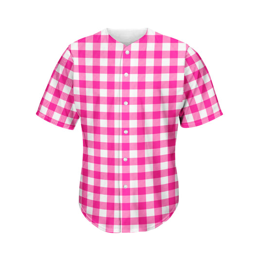 Hot Pink And White Buffalo Check Print Men's Baseball Jersey