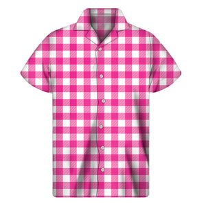 Hot Pink And White Buffalo Check Print Men's Short Sleeve Shirt