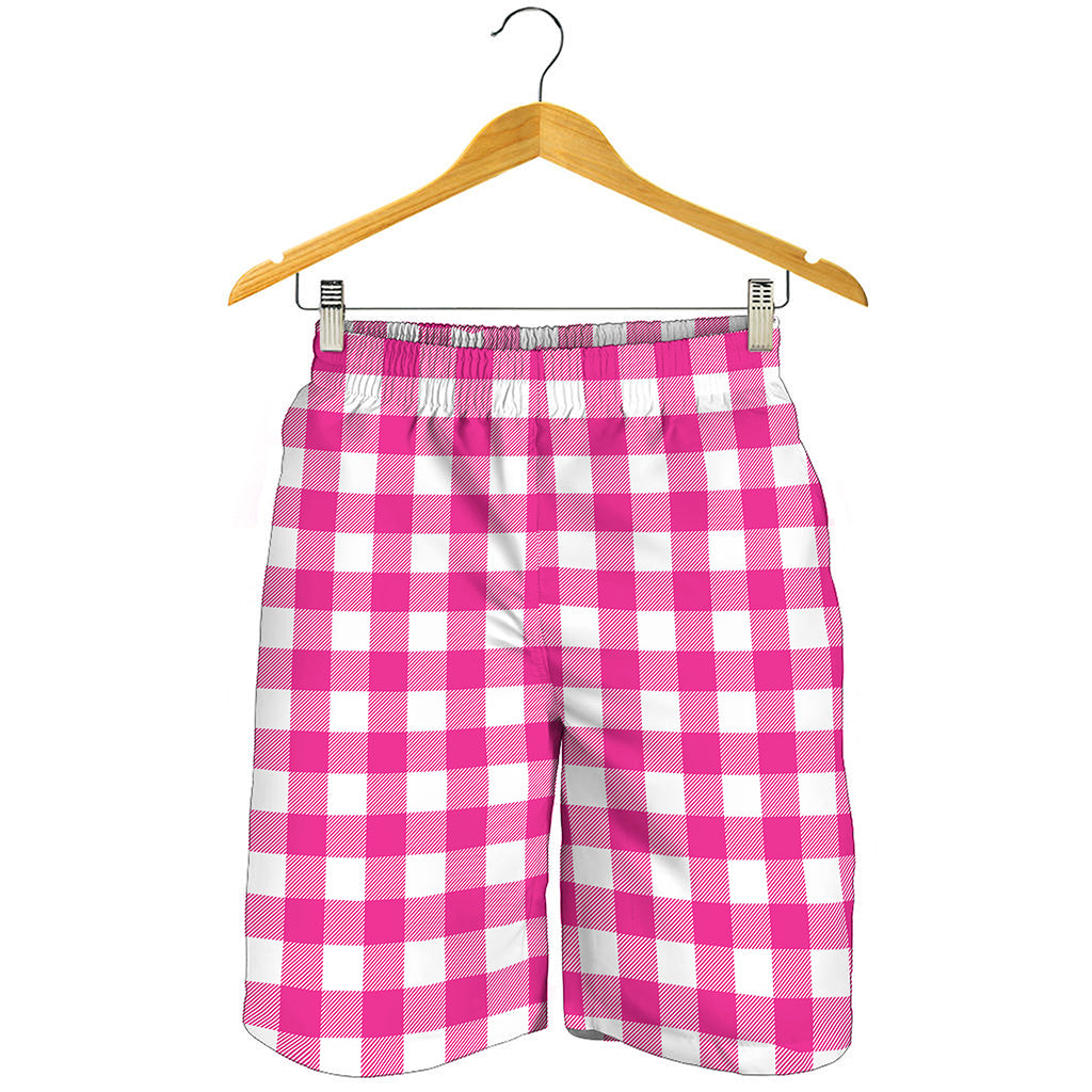 Hot Pink And White Buffalo Check Print Men's Shorts