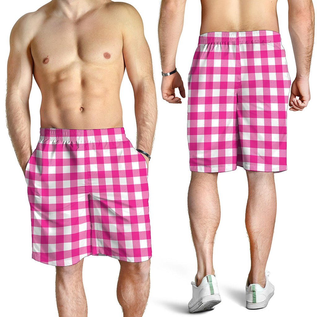 Hot Pink And White Buffalo Check Print Men's Shorts