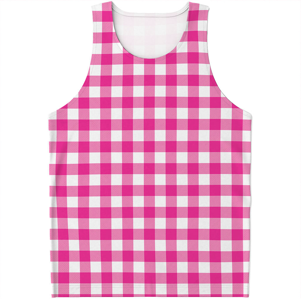 Hot Pink And White Buffalo Check Print Men's Tank Top