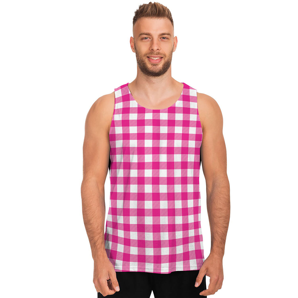Hot Pink And White Buffalo Check Print Men's Tank Top