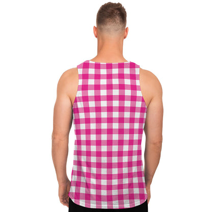 Hot Pink And White Buffalo Check Print Men's Tank Top