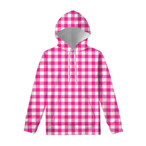 Hot Pink And White Buffalo Check Print Pullover Hoodie