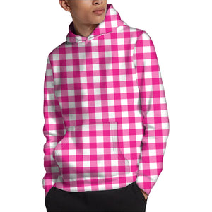 Hot Pink And White Buffalo Check Print Pullover Hoodie