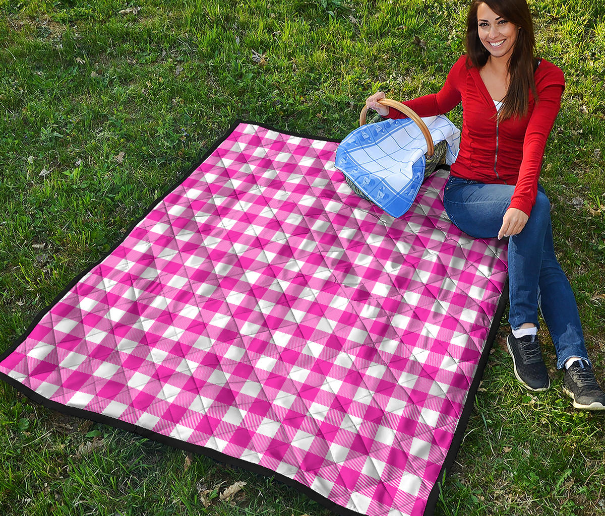 Hot Pink And White Buffalo Check Print Quilt