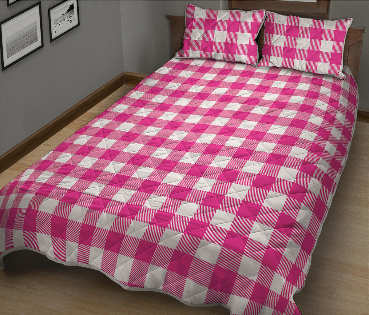 Hot Pink And White Buffalo Check Print Quilt Bed Set