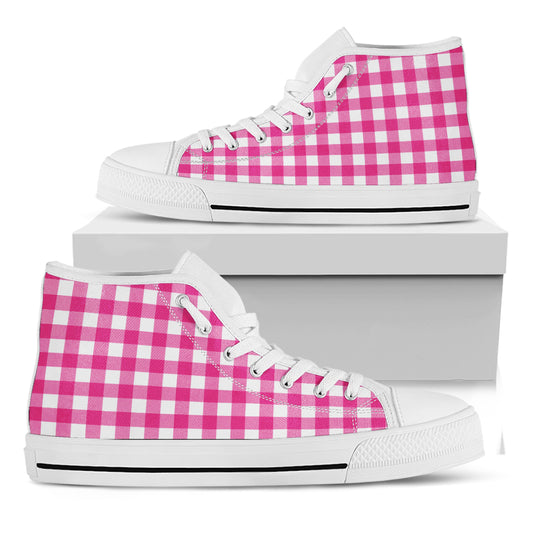 Hot Pink And White Buffalo Check Print White High Top Shoes