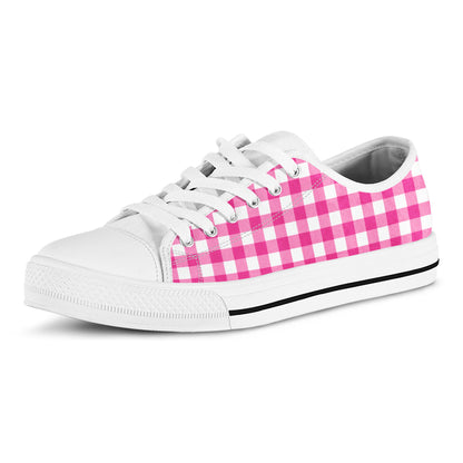 Hot Pink And White Buffalo Check Print White Low Top Shoes