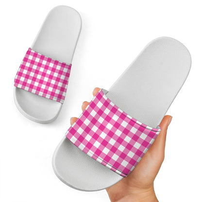 Hot Pink And White Buffalo Check Print White Slide Sandals