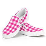 Hot Pink And White Buffalo Check Print White Slip On Shoes