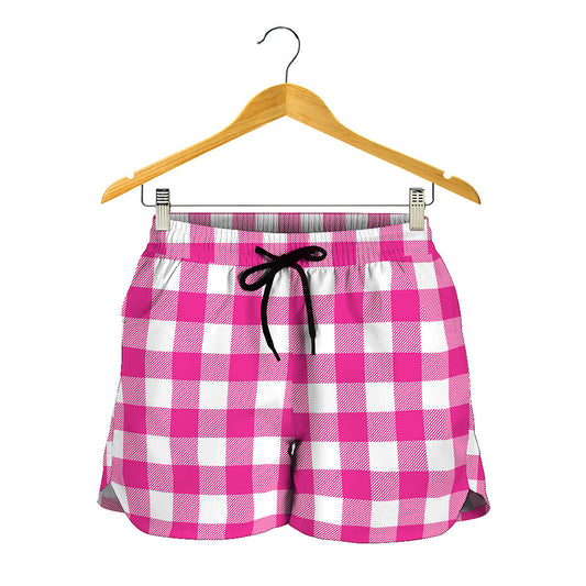 Hot Pink And White Buffalo Check Print Women's Shorts