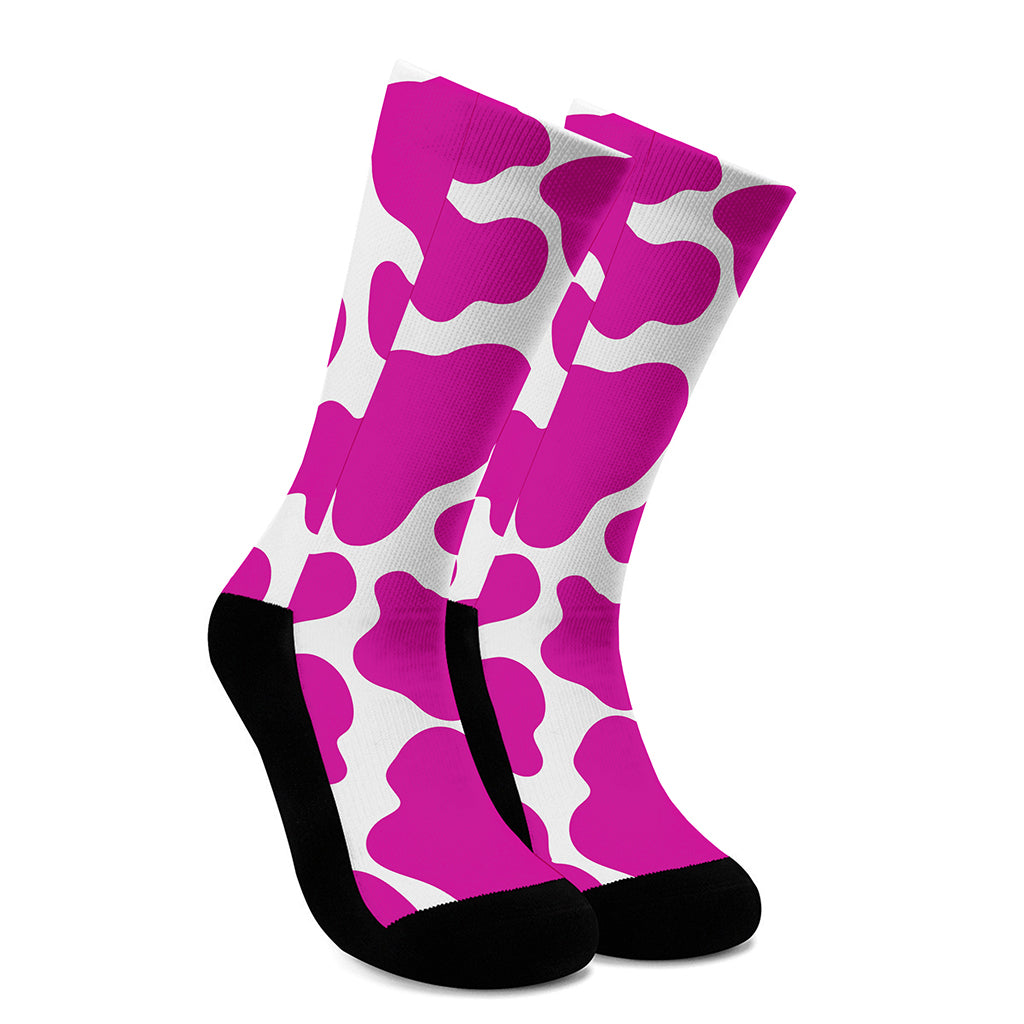 Hot Pink And White Cow Print Crew Socks