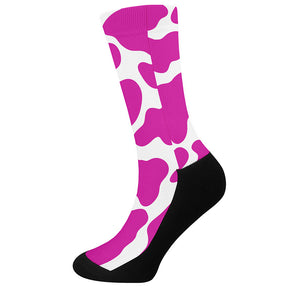 Hot Pink And White Cow Print Crew Socks