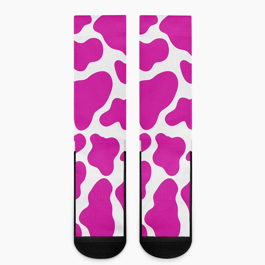 Hot Pink And White Cow Print Crew Socks