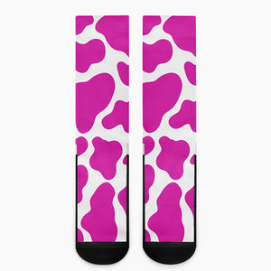 Hot Pink And White Cow Print Crew Socks