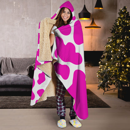 Hot Pink And White Cow Print Hooded Blanket