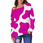 Hot Pink And White Cow Print Off Shoulder Sweatshirt GearFrost