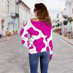 Hot Pink And White Cow Print Off Shoulder Sweatshirt GearFrost