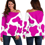 Hot Pink And White Cow Print Off Shoulder Sweatshirt GearFrost