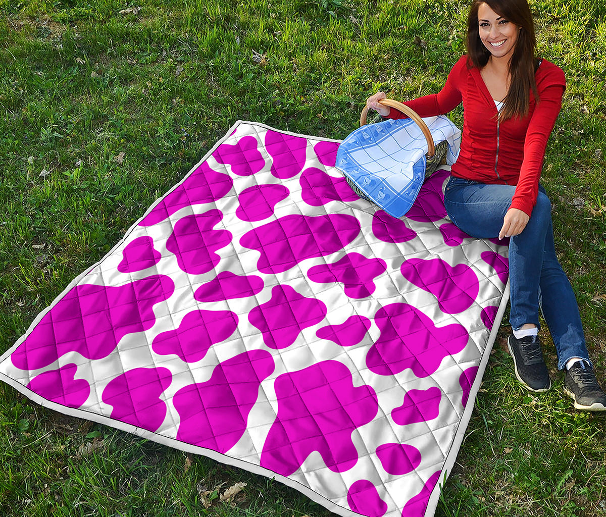 Hot Pink And White Cow Print Quilt