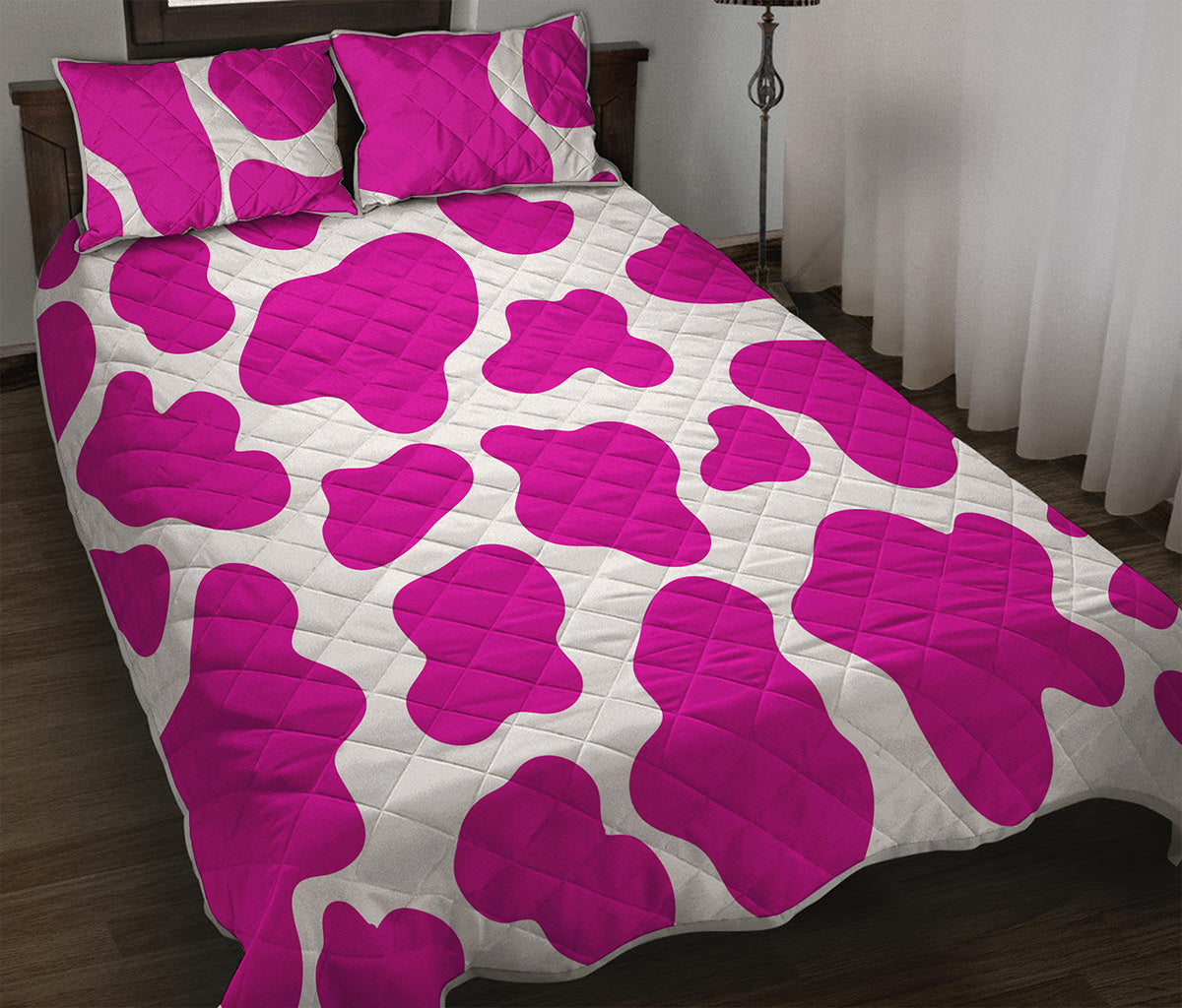 Hot Pink And White Cow Print Quilt Bed Set