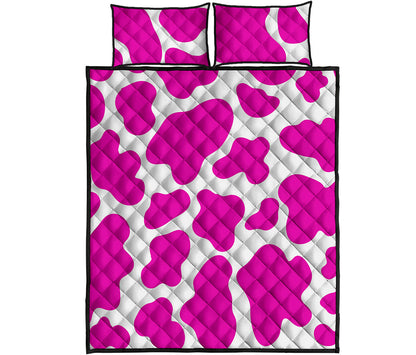 Hot Pink And White Cow Print Quilt Bed Set