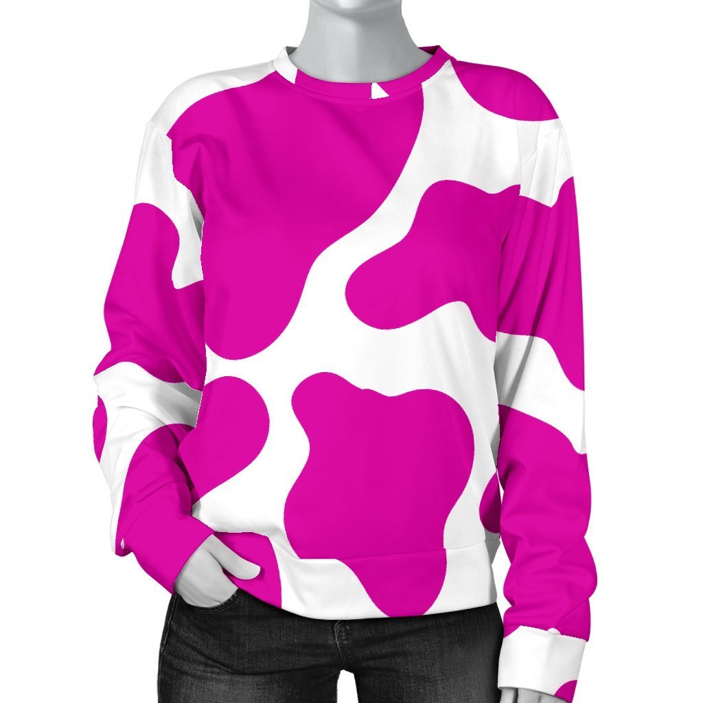 Hot Pink And White Cow Print Women's Crewneck Sweatshirt GearFrost