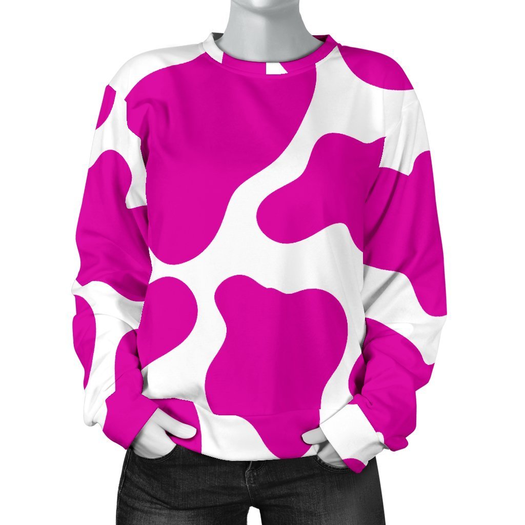 Hot Pink And White Cow Print Women's Crewneck Sweatshirt GearFrost