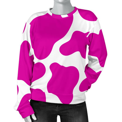 Hot Pink And White Cow Print Women's Crewneck Sweatshirt GearFrost