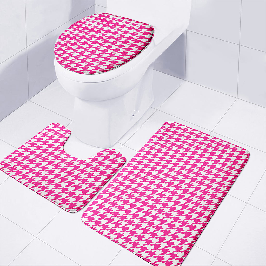 Hot Pink And White Houndstooth Print 3 Piece Bath Mat Set