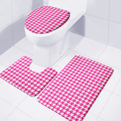 Hot Pink And White Houndstooth Print 3 Piece Bath Mat Set